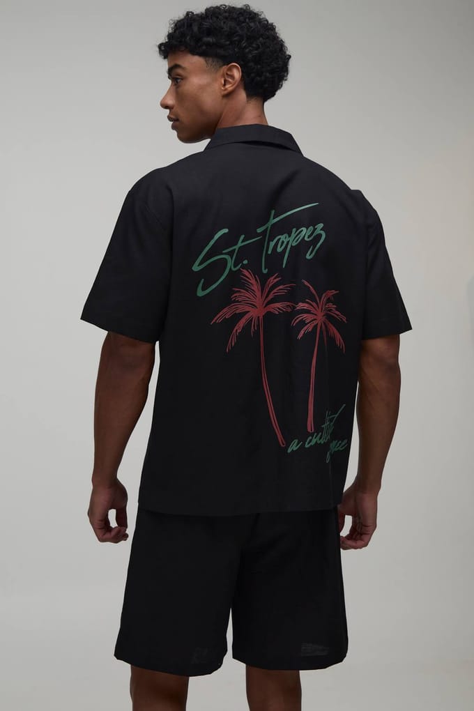 St Tropez Oversized Shirt & Short Set Met Rugprint | Black | Size Medium