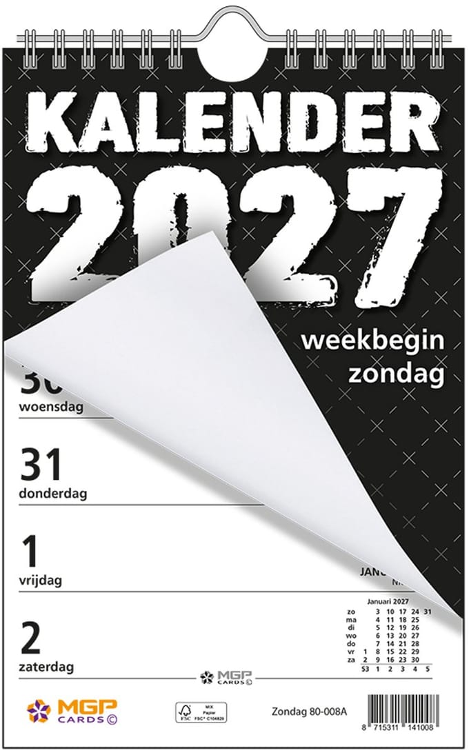 MGPcards - Weekblok met Wire-O binding 2027 - Week begint op zondag - 13,5 x 20,5 cm - Zwart