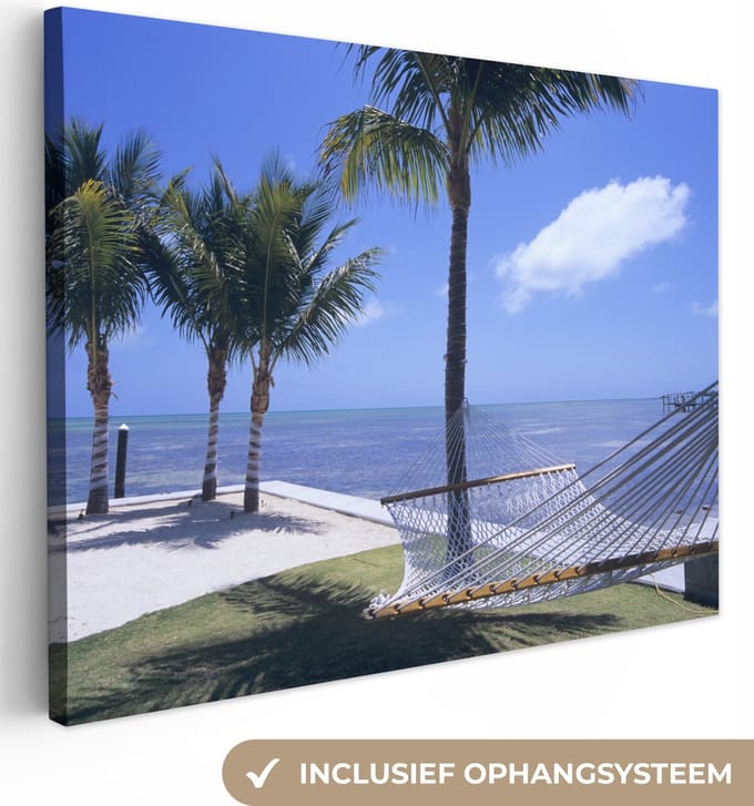 Canvas Schilderij Zee - Hangmat - Palmboom - 80x60 cm - Wanddecoratie