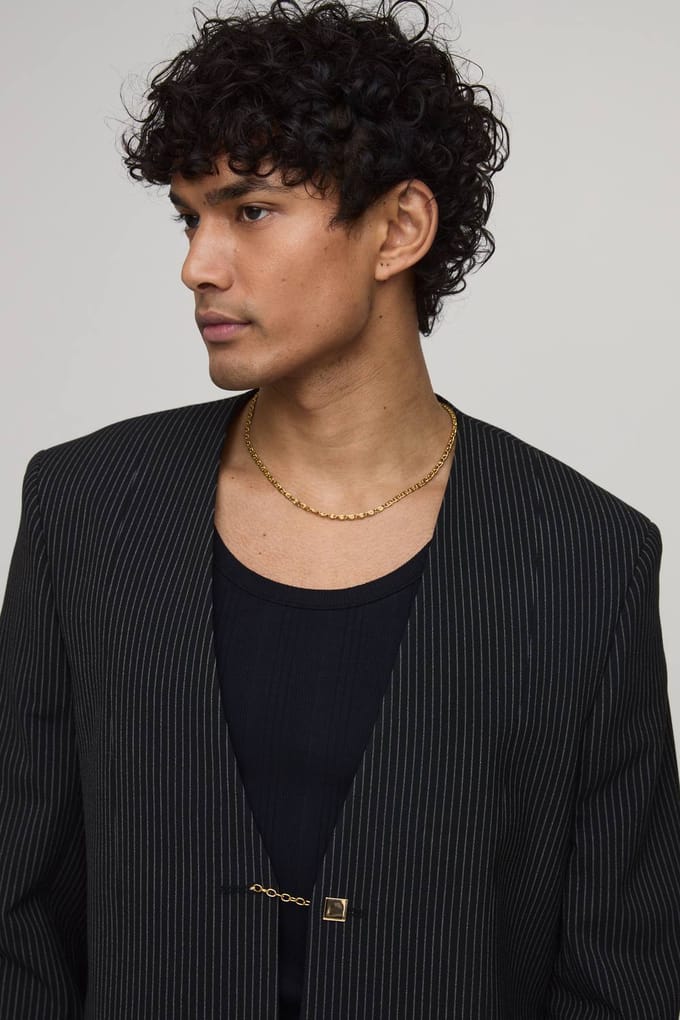 Krijtstreep Oversized Boxy Kraagloze Blazer | Black | Size 42