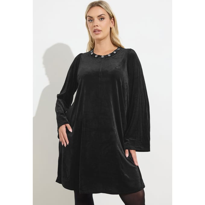 Yours Zwarte Velours Versierde Shiftjurk Size 44
