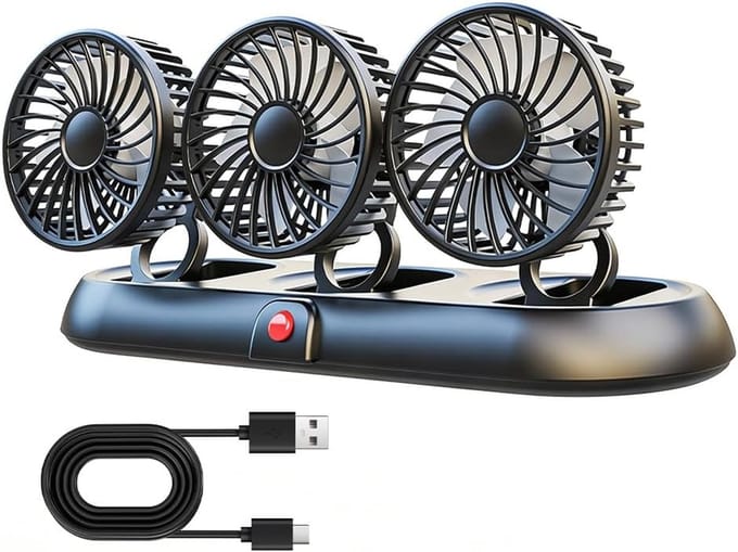 Krachtige 12V Auto Ventilator - 3-Kops Dashboard Ventilator met 3 Snelheden - 360° Roterende Koelventilator - Compacte Auto Koeling voor Vrachtwagen, Camper, Boot & Auto - Zwart