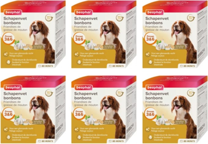 6x Beaphar Schapenvet Bonbons Mini met Knoflook - Hondensnack - 245g