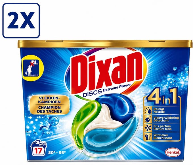 2 x Dixan Discs - Wasmiddelcapsules en Vlekverwijderaar - Extreme Power - Witte, Gekleurde & Zwarte Was - 17 Wasbeurten