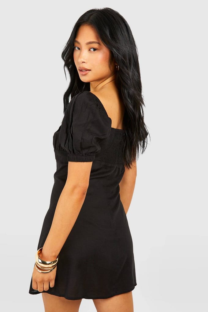 boohoo Dames Petite Linen Look Milkmaid Mini Jurk | Black | Maat: 6