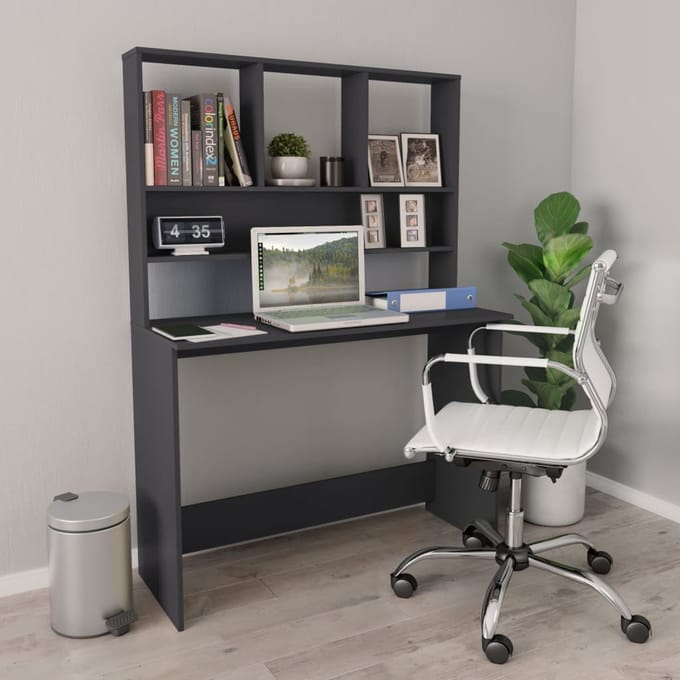 vidaXL - Bureau - met - schappen - 110x45x157 - cm - bewerkt - hout - grijs