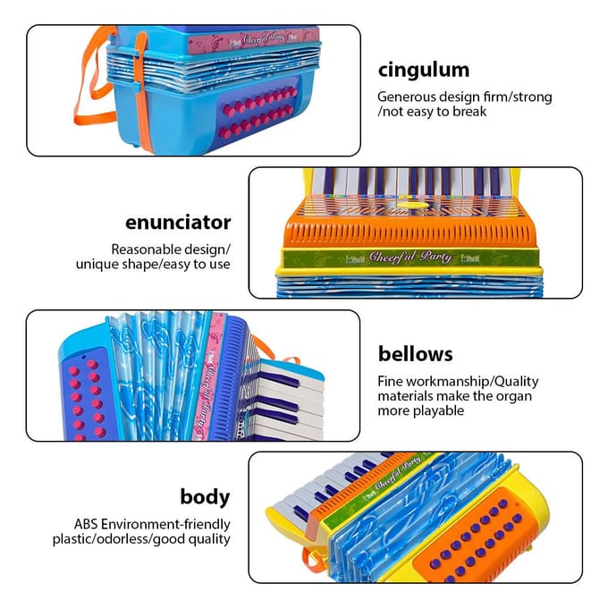 Mini accordéon 20 touches 16 basses, matériau ABS avec boucle, bouton léger, accordéon œil-main jaune