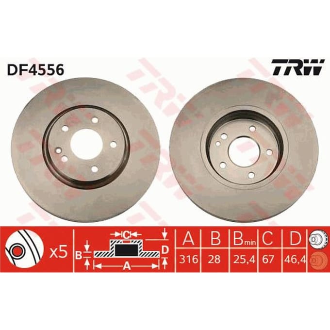 Remschijf TRW LUC DF4556 voorkant, geventileerd, sterk gecarboniseerd, 1 Stuk