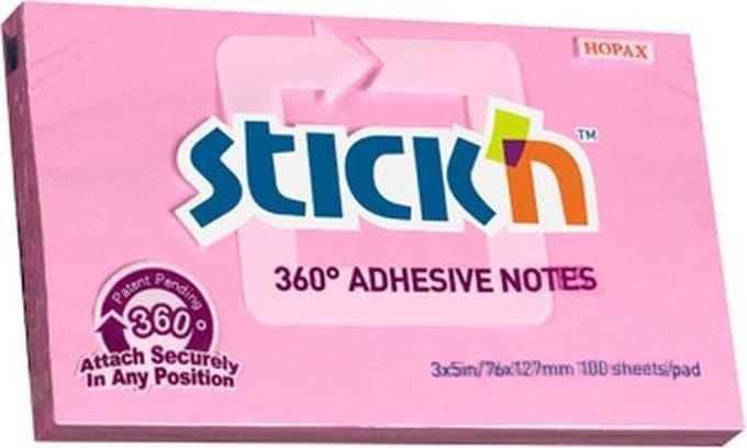 Stick'n Adhesive Notes - 360 Graden - Lijmrand - Sticky Notes - 76x127mm - Roze - 100 Memoblaadjes