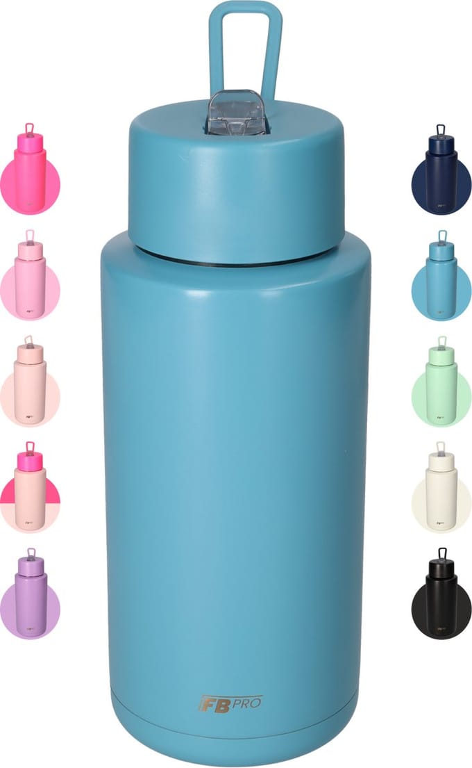 Thermosfles, Waterfles, Drinkfles – Modern & Slank Design – 1000 ml – Blauw – Met Uitklapbare Drinktuit