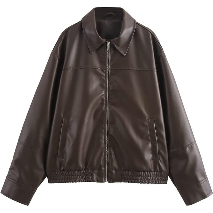 Dames Effen Kleur Lange Mouwen Imitatieleer Pilotjack M bruin