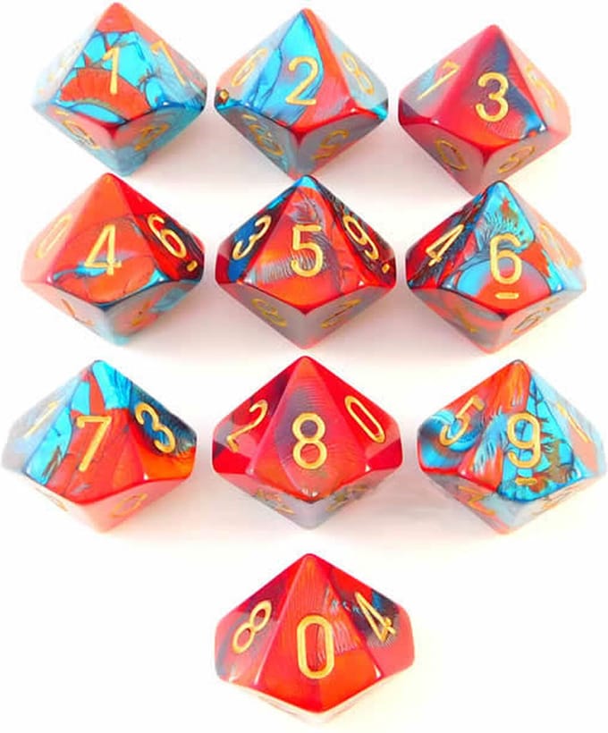 Chessex Gemini Rood-Teen/goud D10 Dobbelsteenset (10 stuks)