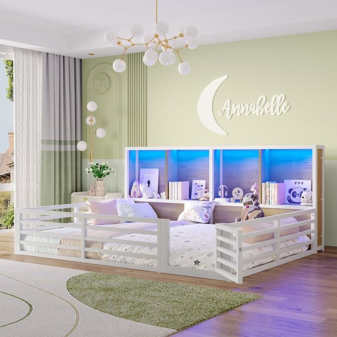 MODFU - Bedframe – 140x200 cm – Met opbergvakken & LED – Metaal en MDF – Wit
