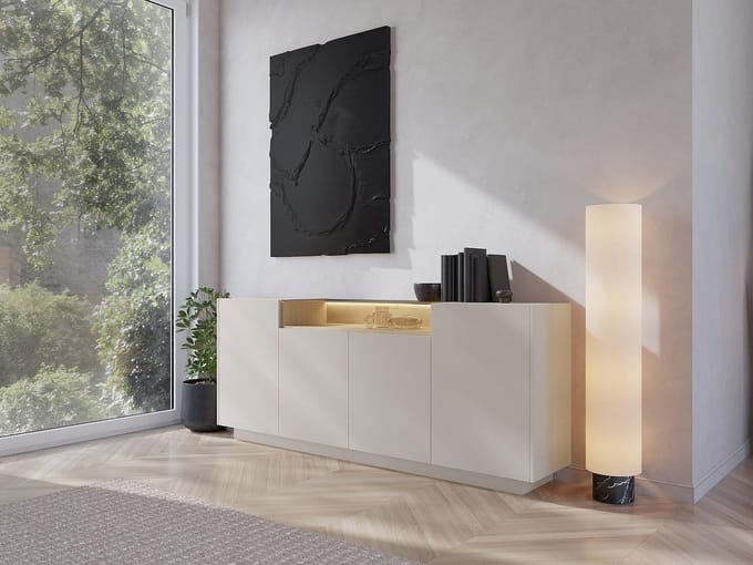 Vente-unique Dressoir 4 deuren en 1 nis met leds - Beige en licht naturel - ALIVENTO