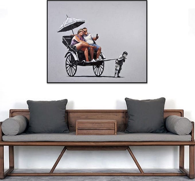 Allernieuwste.nl® Canvas Schilderij Banksy RIKSJA TOERISME - Graffiti Art - Kleur - 40 x 50 cm