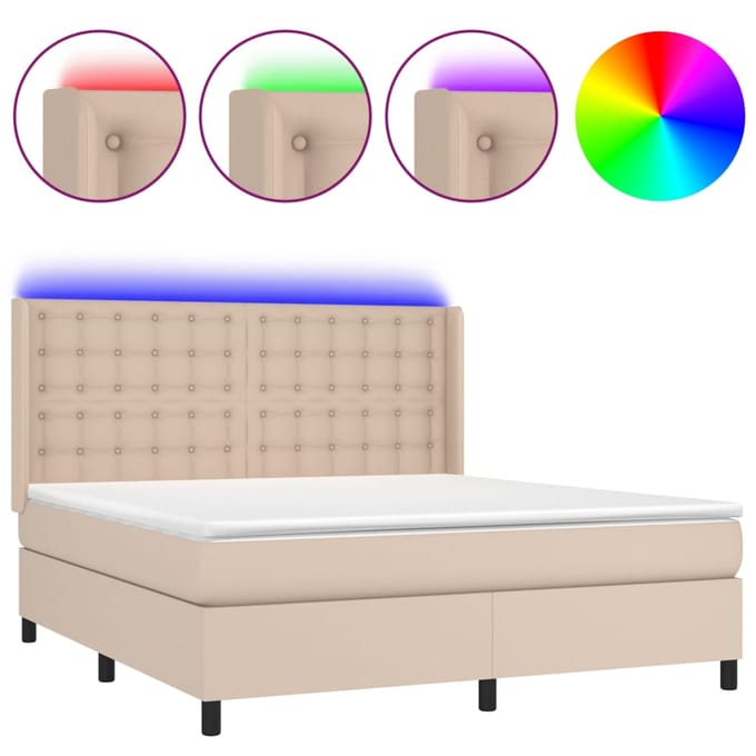 vidaXL - Boxspring - met - matras - en - LED - kunstleer - cappuccinokleur - 160x200cm