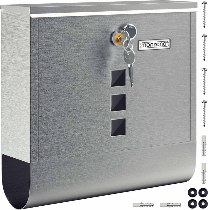 Monzana Design Brievenbus RVS – Krantenvak & 2 Sleutels - Zilver