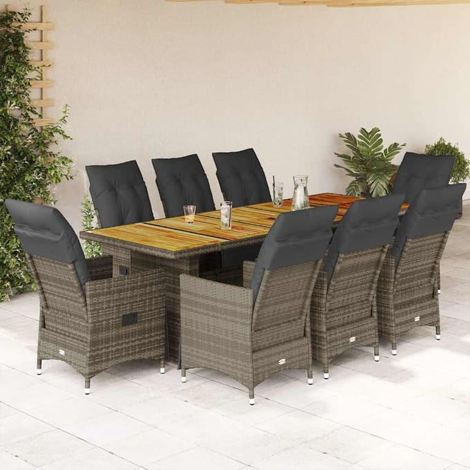 vidaXL - 9-delige - Bistroset - met - kussens - poly - rattan - grijs