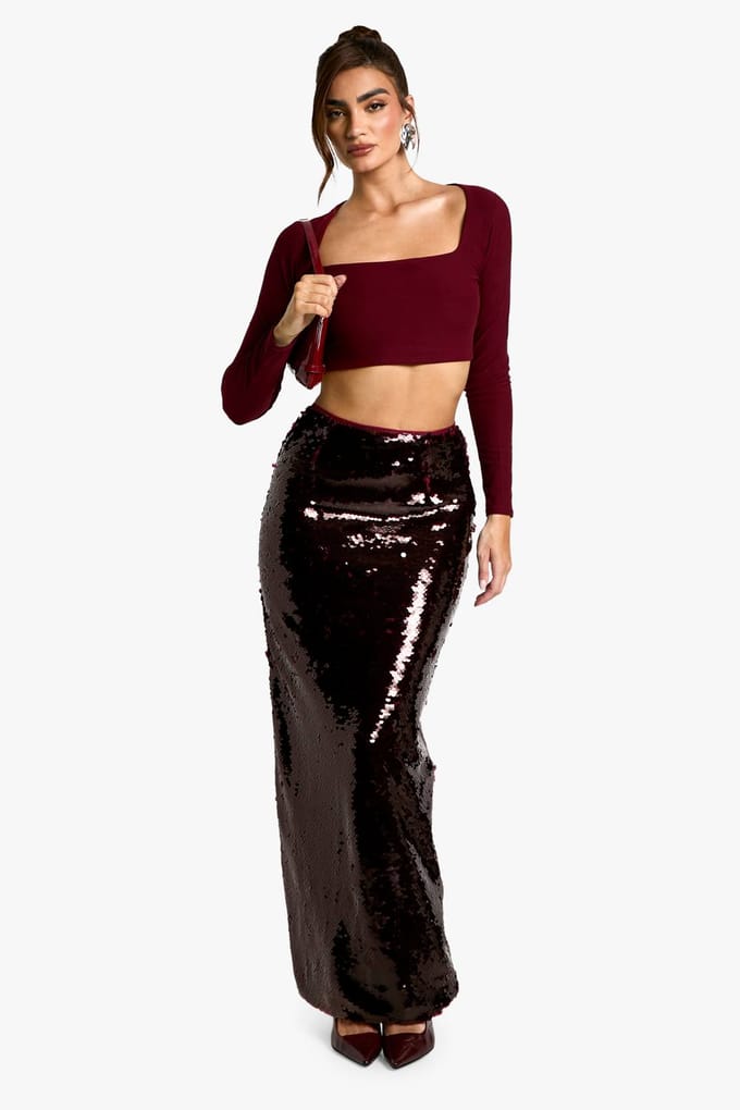 boohoo Dames Premium Paillette Maxi Rok | Berry | Maat: 10