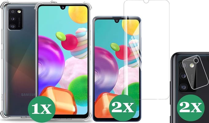 Hoesje geschikt voor Samsung Galaxy A41 - 2x Screenprotector Glas & 2x Camera Screen Protector - Transparant Shock Case