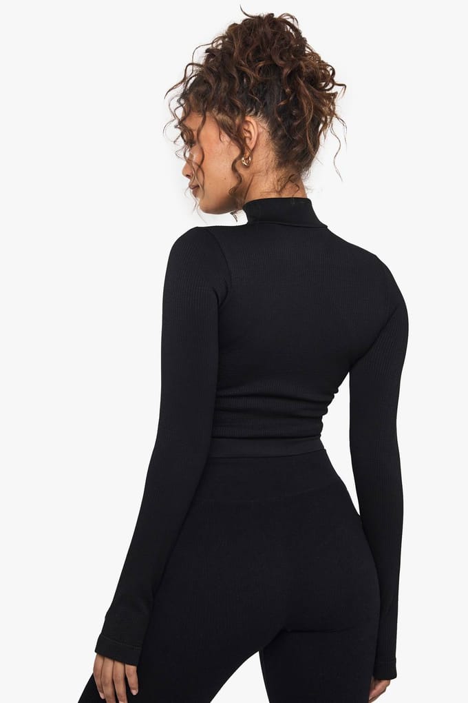 Dames Boohoo Basics Naadloze Rib Zip-Through Jas | Black | Maat: Large