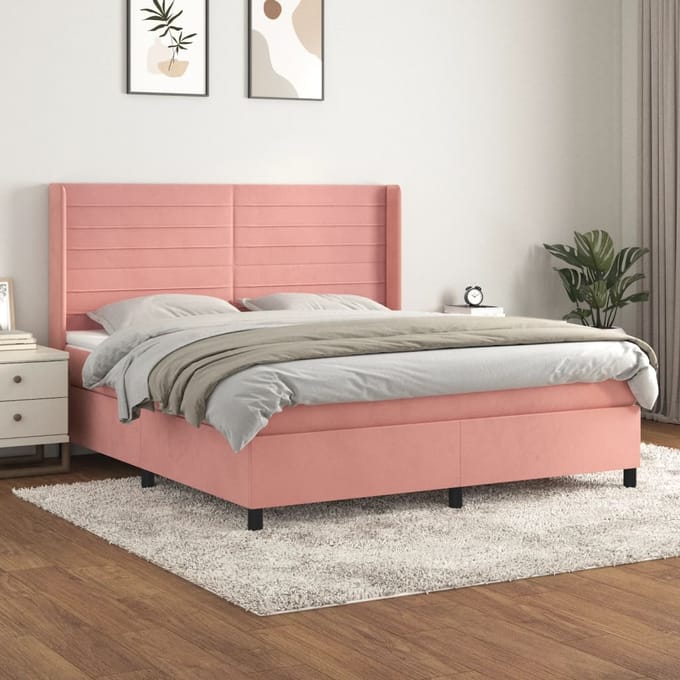 vidaXL - Boxspring - met - matras - fluweel - roze - 160x200 - cm