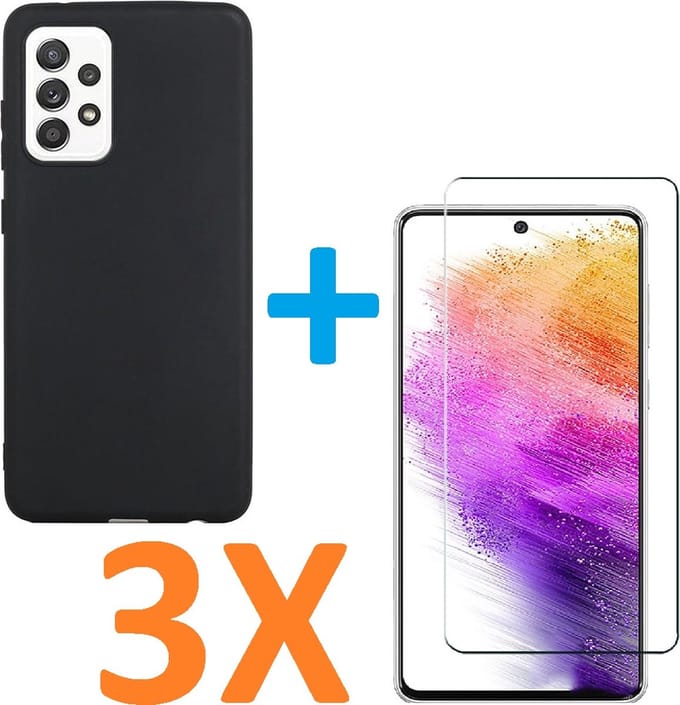 Silicone hoesje zwart met 3 Pack Tempered glas Screen Protector Geschikt voor: Samsung Galaxy A73 5G