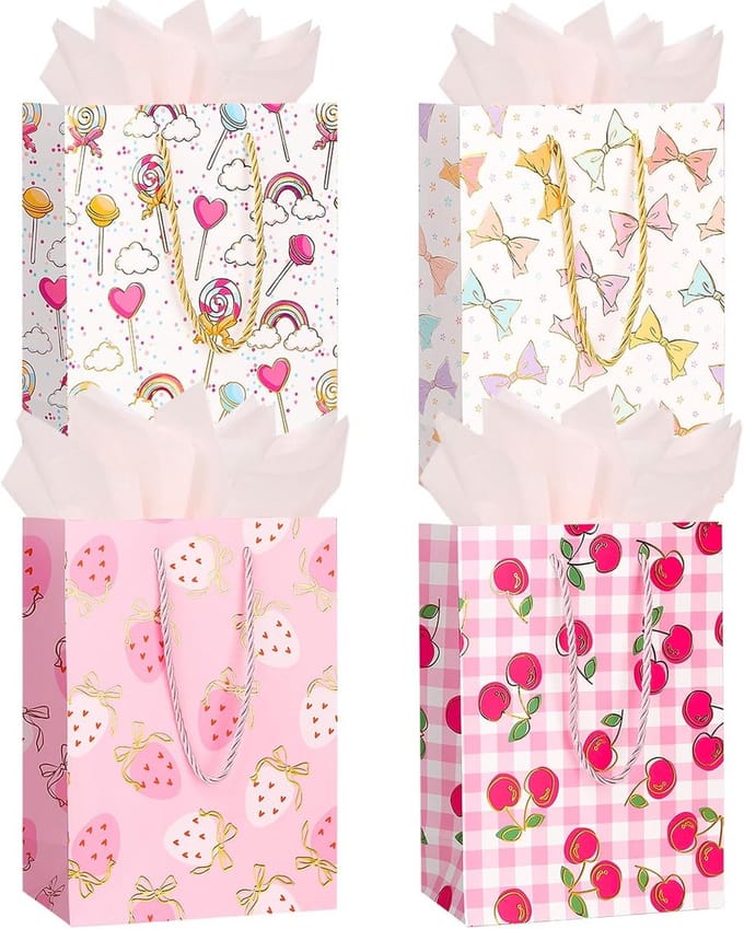Luxe Geschenkzakken Middelgroot (4 stuks) met Zijdepapier - Wit & Roze Cadeau Verpakking