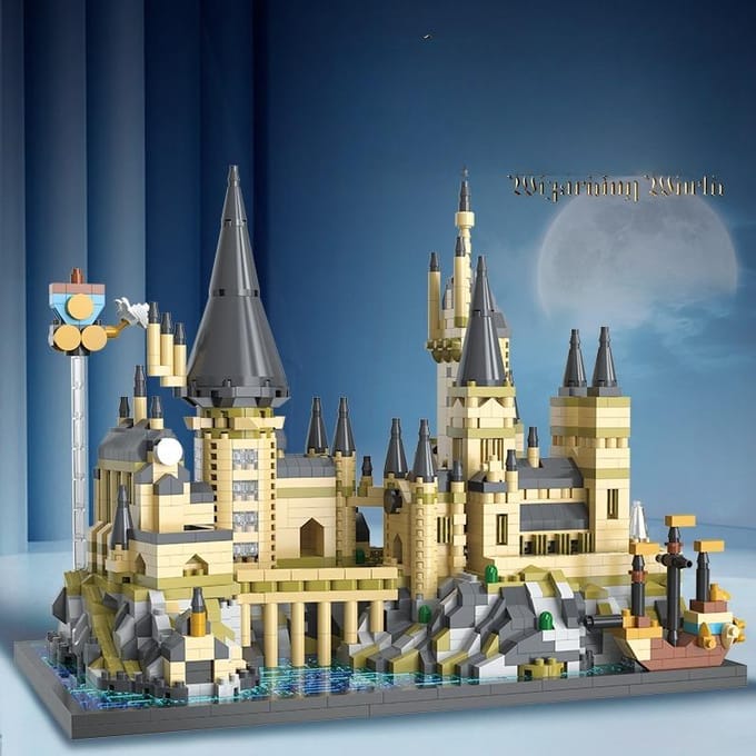 MOC Monde Magique Château Médiéval Moc Micro Briques Modèle Assemblage Blocs Poudlard Jouets Cadeaux de Noël Anniversaire gray