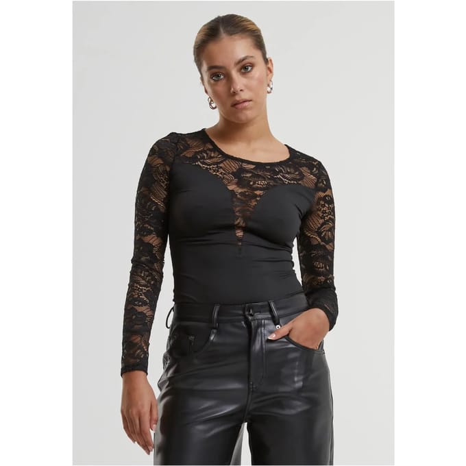 Urban Classics - Round Neck Lace Bodysuit - S - Zwart