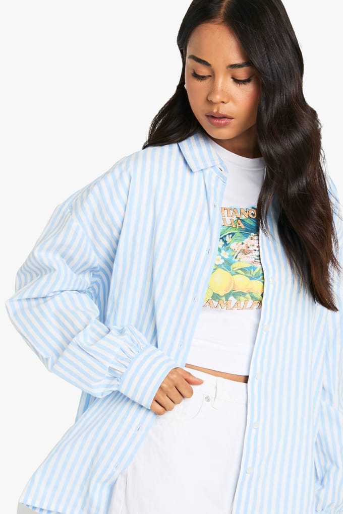 boohoo Dames Textuurgestreept Oversized Shirt | Blauw | Maat: 34