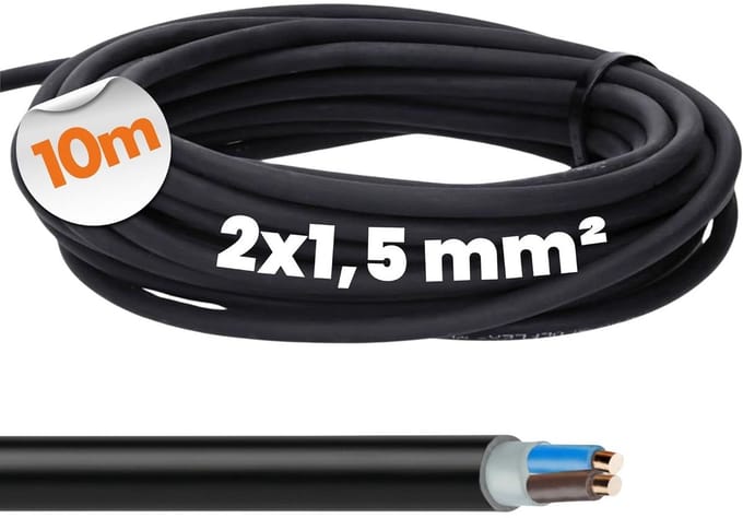 Zwarte Stroomkabel 10 Meter 2x1,5 mm2 Moeilijk Ontvlambaar Binnen en Buiten