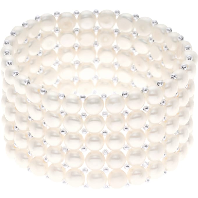 Manchet armband 5 Rijen Zoetwater Pearl White 925