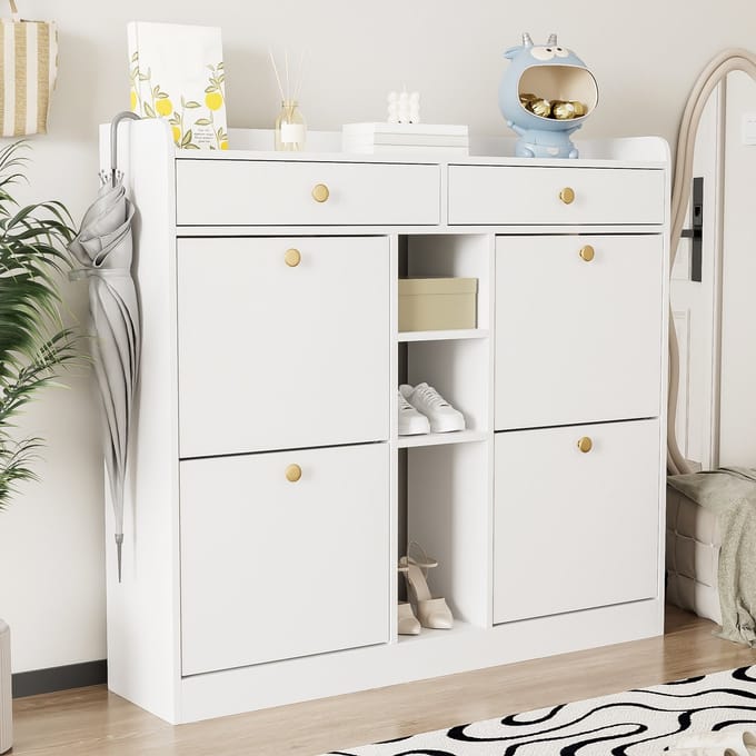Schoenenkast - 110x26x100 cm wit - 4 klapdeuren & 2 laden - 3 open vakken - smal design