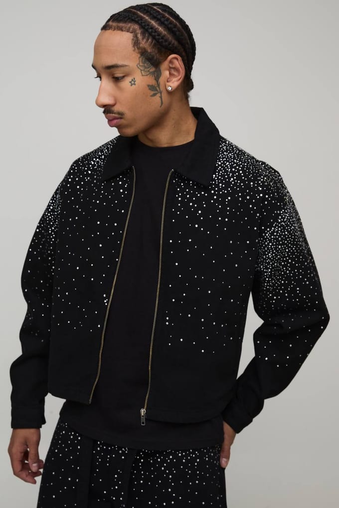 Washed Boxy Rhinestone Denim Jacket | Washed Black | Size Small