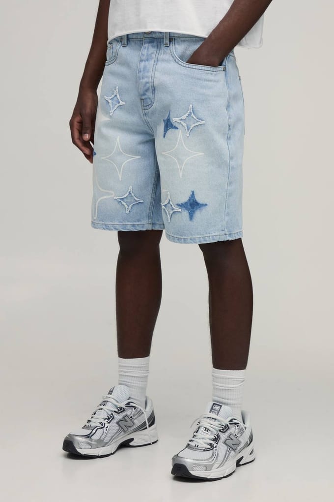Relaxed Rigid Denim Shorts Met Ster Applicatie | Light Blue | Size 42R