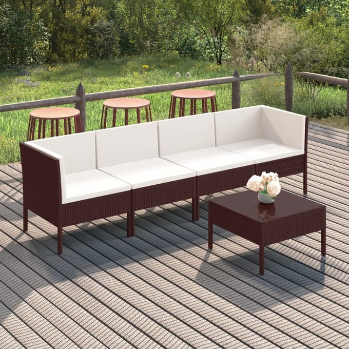 vidaXL - 5-delige - Loungeset - met - kussens - poly - rattan - bruin