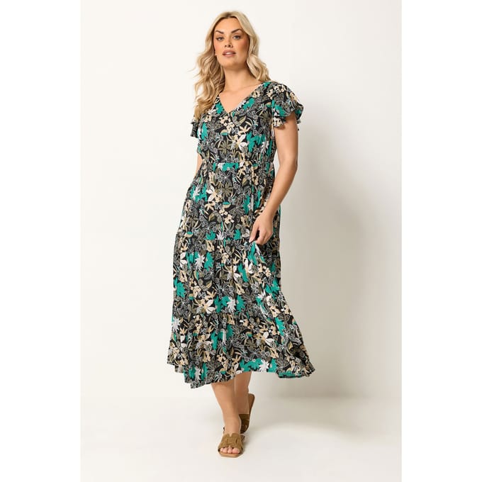 Yours Zwarte En Groene Bloemenprint Smockjurk Size 44