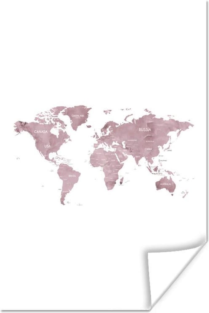 Poster Wereldkaart - Roze - Marmer - 20x30 cm