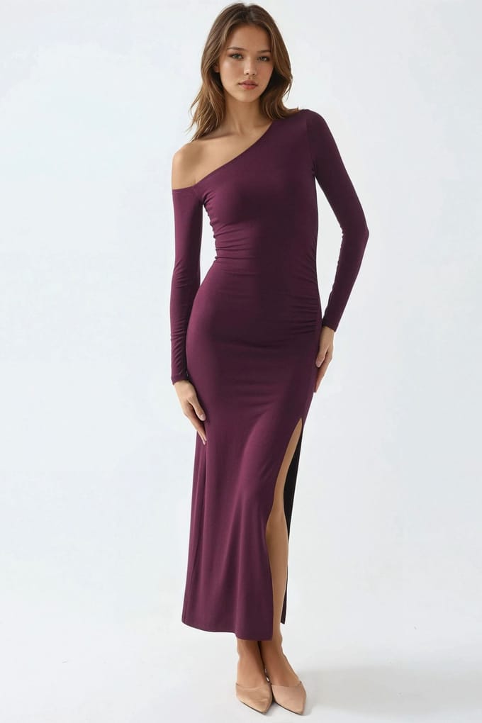 Asymmetrische Kraag Maxi Jurk met Splits