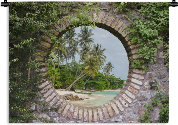 Wandkleed - Wanddoek - Palmbomen - Tropisch - Doorkijk - Strand - 120x90 cm - Wandtapijt
