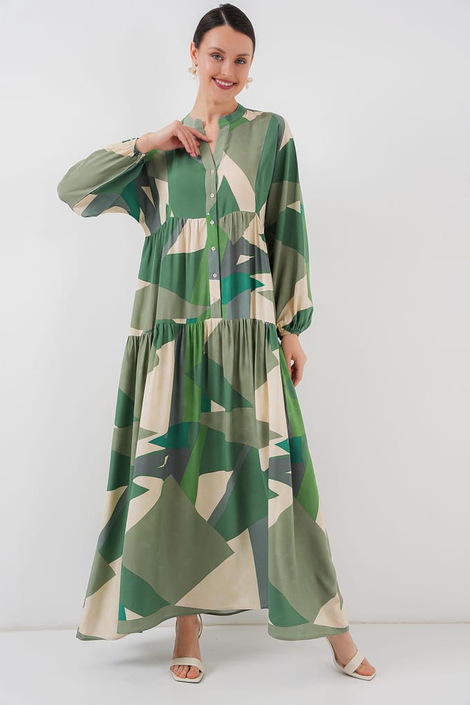 Geprinte V-hals Maxi-jurk met knoopsluiting