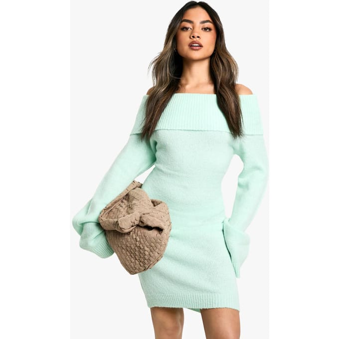 boohoo Dames Rib Bardot decollete Mini Jumper Jurk | Munt | Maat: Medium