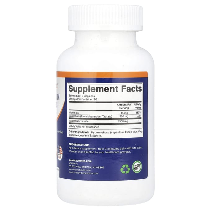 Vitamatic, taurate de magnésium, B6, 180 gélules végétales