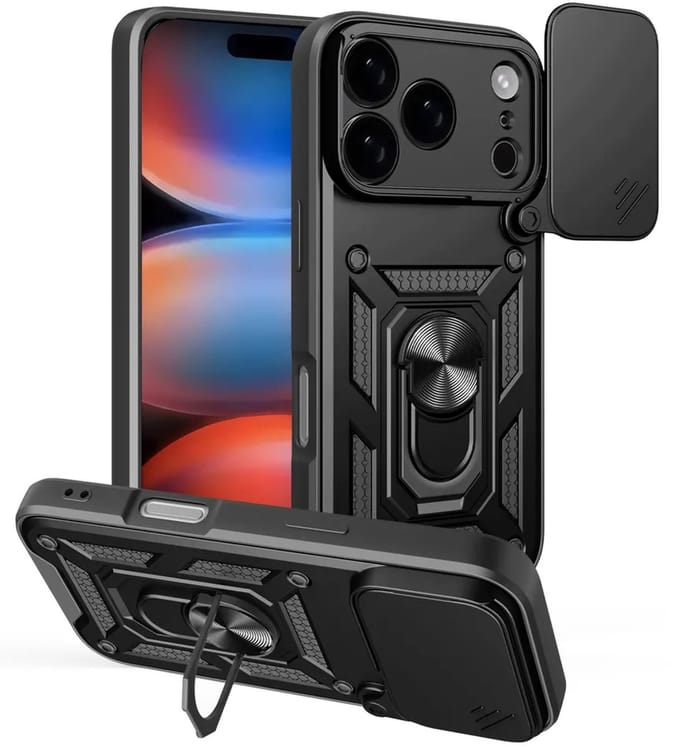 MobyDefend Hoesje - Geschikt voor iPhone 17 Pro Max - Pantsercase Met Draaibare Ring - Zwart