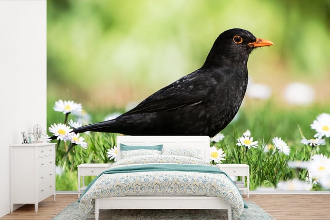 Behang - Fotobehang Vogel - Merel - Bloemen - Breedte 330 cm x hoogte 220 cm