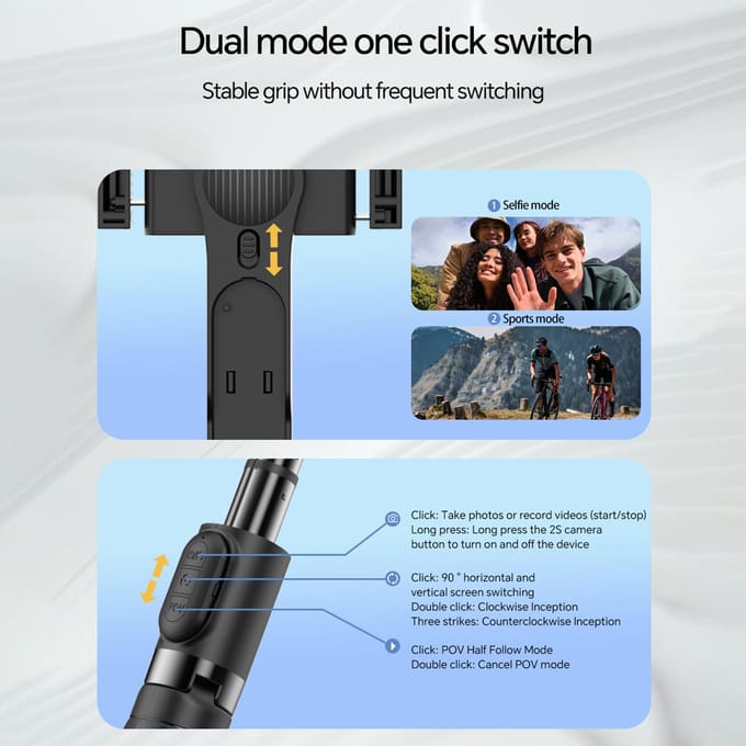 Stabilisateur Gimbal Portable pour Smartphone Perche à Selfie Extensible Trépied avec LED Détachable noir