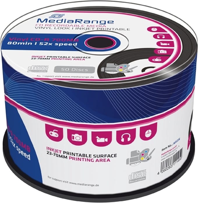 MediaRange | CD-R | 700 MB | Inkjet Printable | Black Vinyl | 50 Stuks