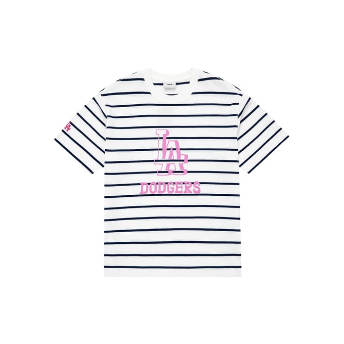 T-shirt décontracté à manches courtes et col rond rayé MLB Unisexe Blanc 3ATSB3033-07IVS L gray