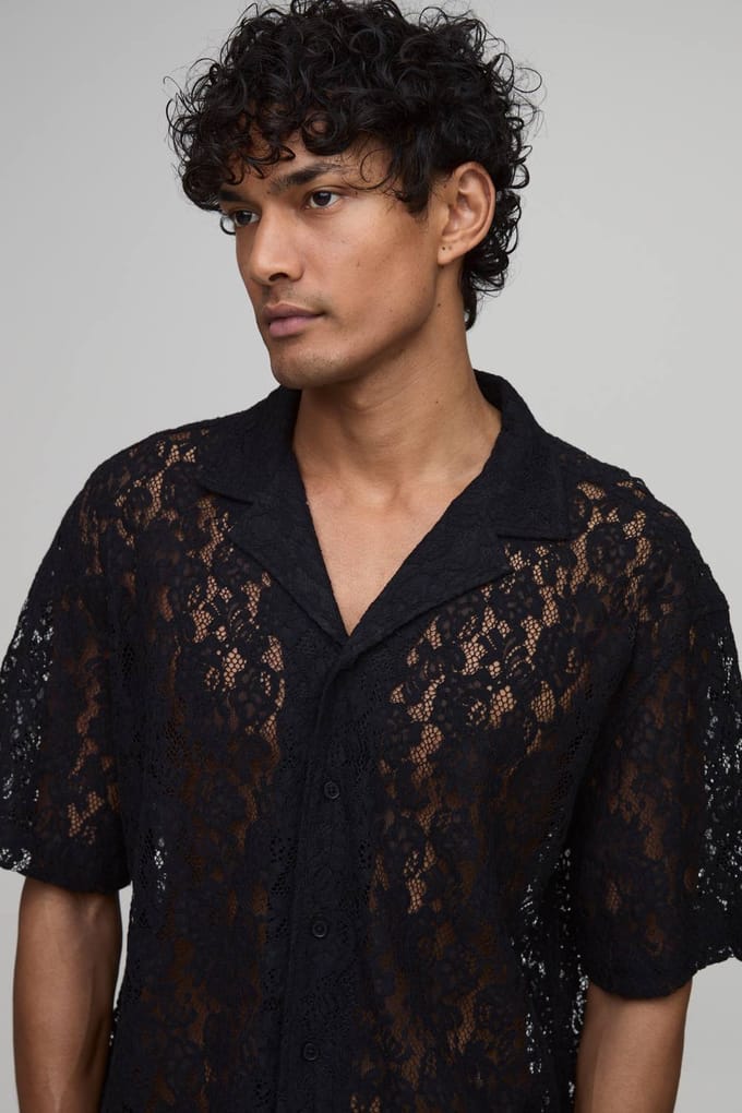 Oversized Boxy Revere Overhemd Met Korte Mouwen En Kant | Black | Size XL